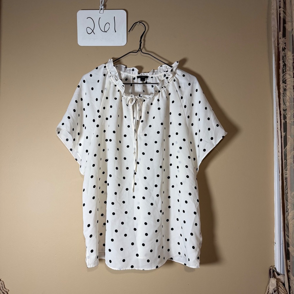 Ann Taylor Factory Polka Dot Ruffle Neck Tie Blouse Cream and black sz xl